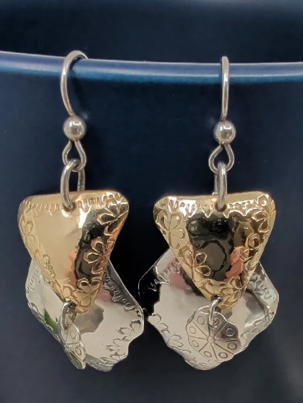 Vintage Hand-Hammered 925 Sterling Two-Tone Shield Dangle Earrings